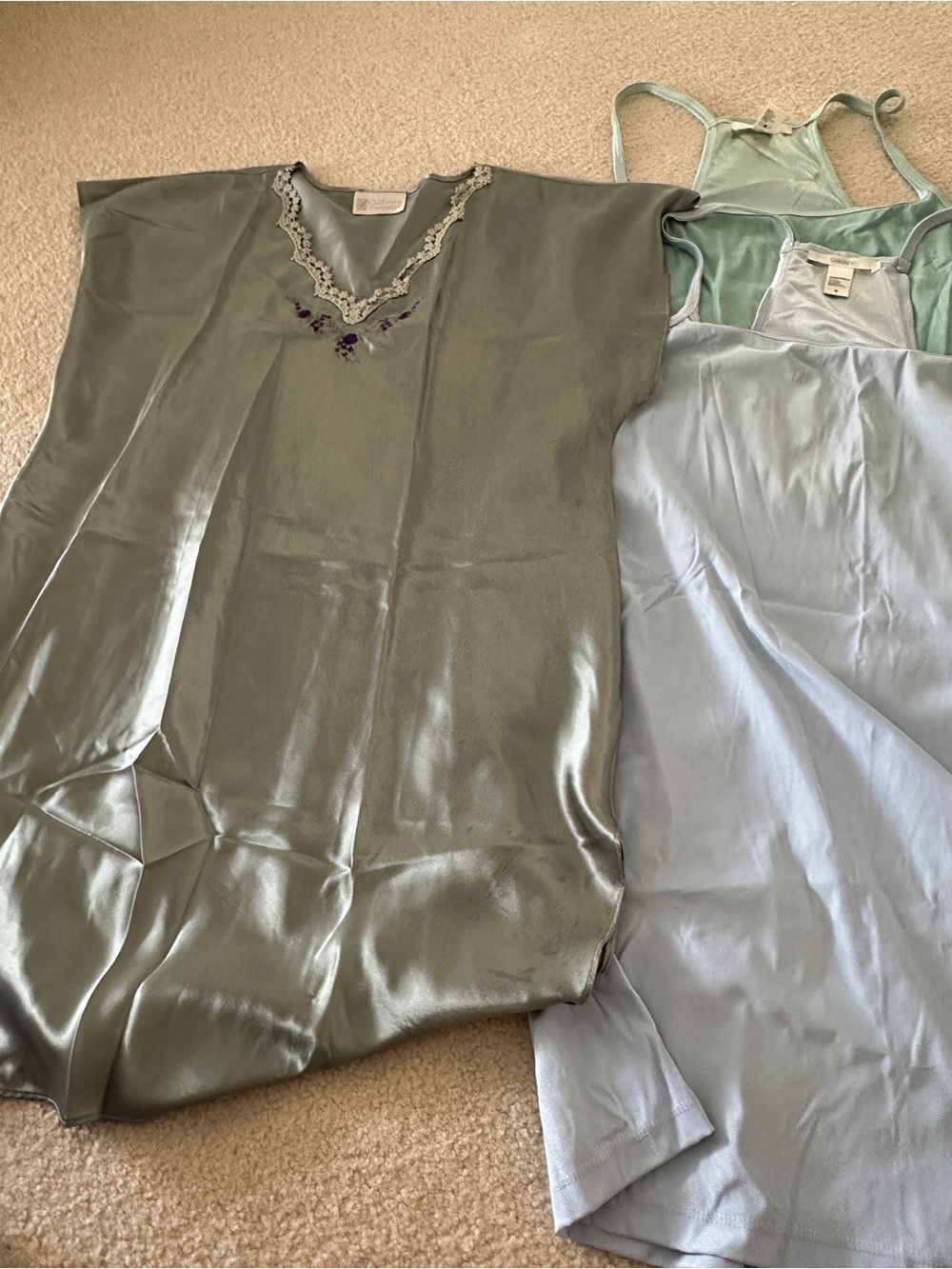 DKNY Olive Green Satin Slip with Lace Trim